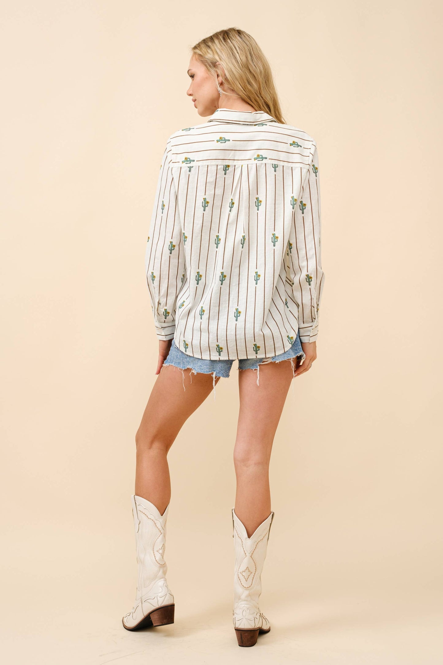 Western Cactus Stripe Print Button Up