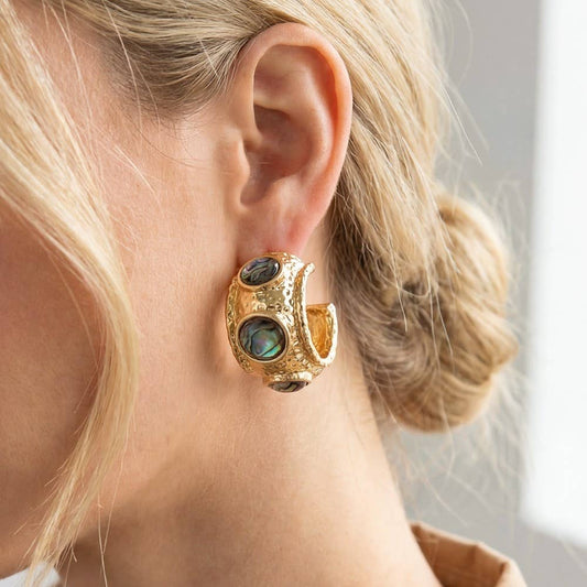 Small Faceted Oval Stone C Shape Hoop Earrings
