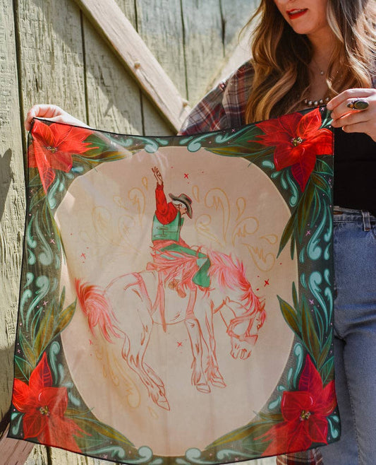 Tirzah Lane Art - Cowboy Christmas Bronc Holiday Silk Scarf Wild Rag