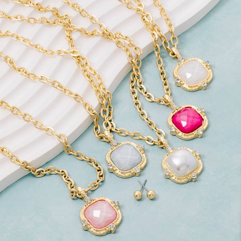 Square Faceted Stone Pendant Chain Necklace Set