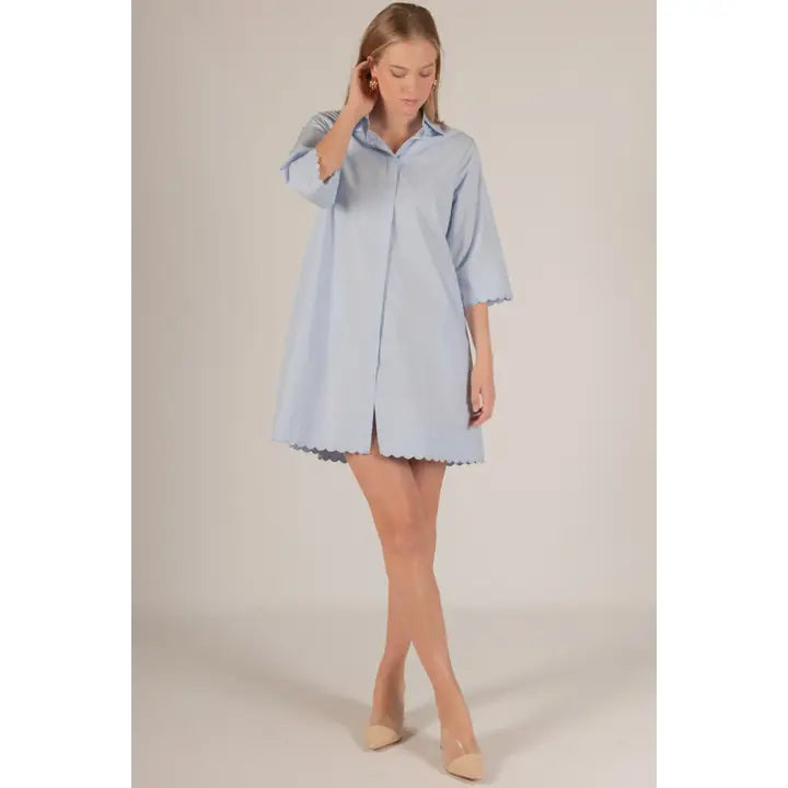 Poplin Scalloped Hem Button Up Dress Powder Blue