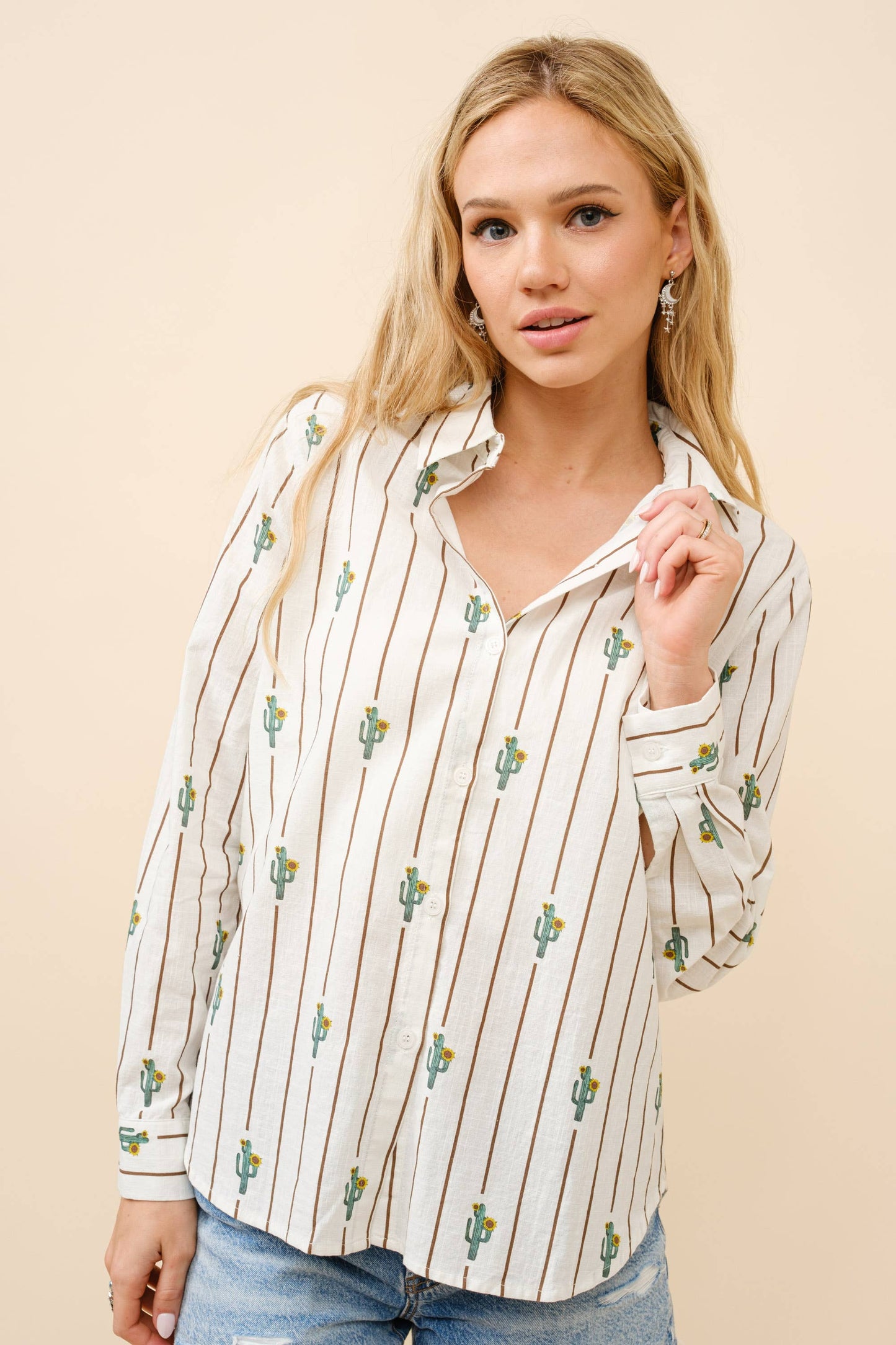 Western Cactus Stripe Print Button Up