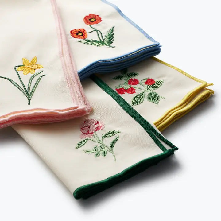 Garden Study Embroidered Cotton Napkins, Assorted Set of 4