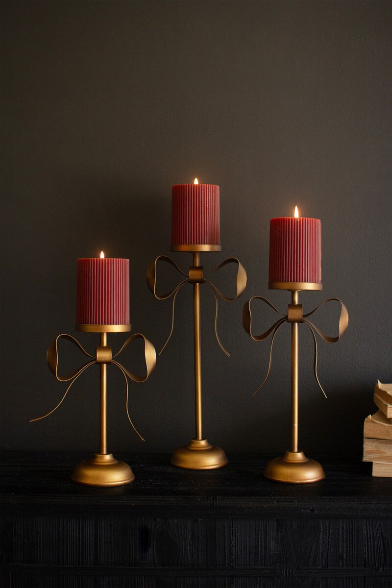 Bow Antique Brass Pillar Candle Holder