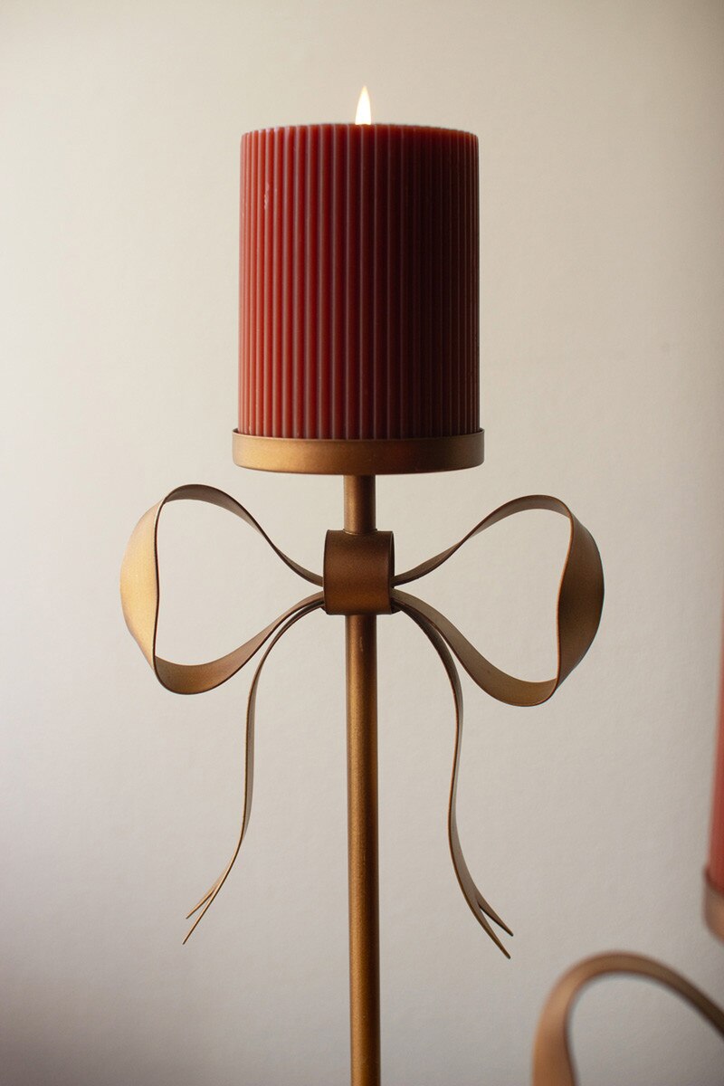 Bow Antique Brass Pillar Candle Holder