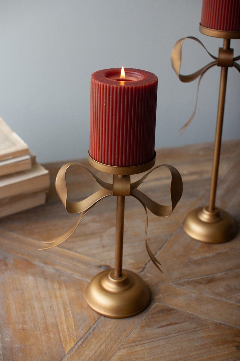 Bow Antique Brass Pillar Candle Holder