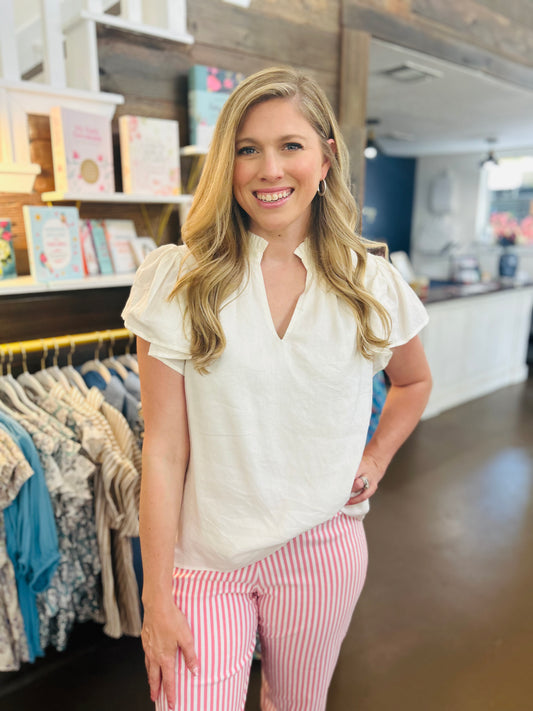 Ruffled Neck Woven Top Off White