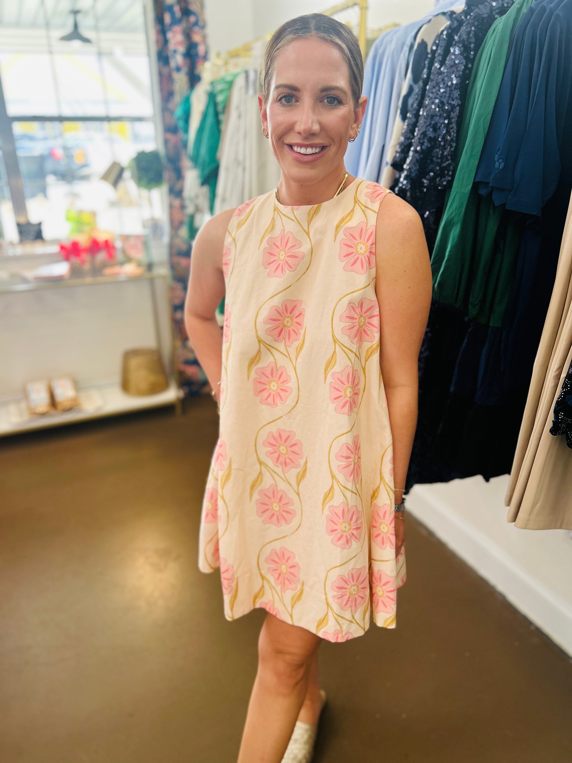 pink floral shift dress Pink Floral Cotton Short Dress Casual Boho Shift Dress With Pockets, Back Bow Detail, Everyday Outfit Women