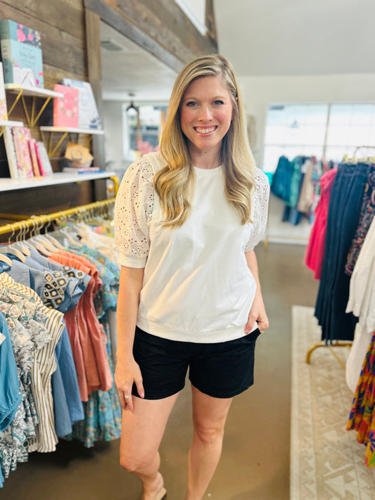 Eyelet Lace Sleeve White Top