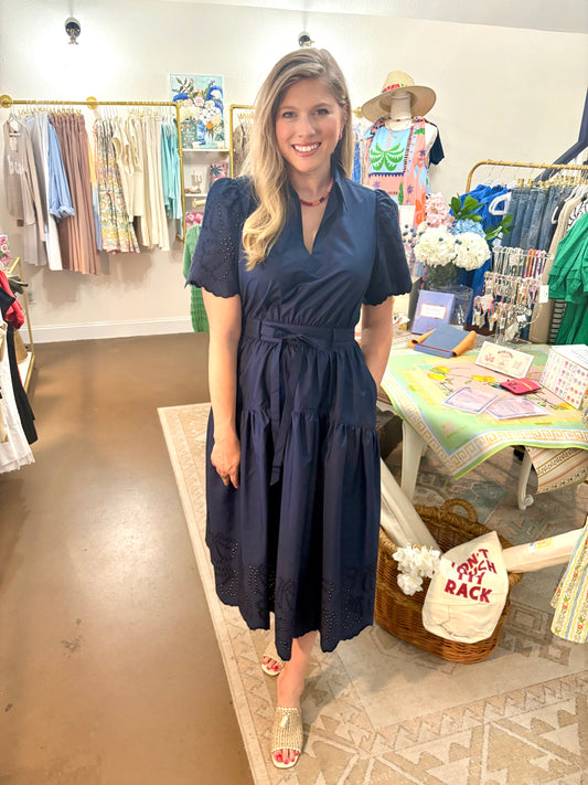 Navy Collar Midi Dress Embroidery Detail