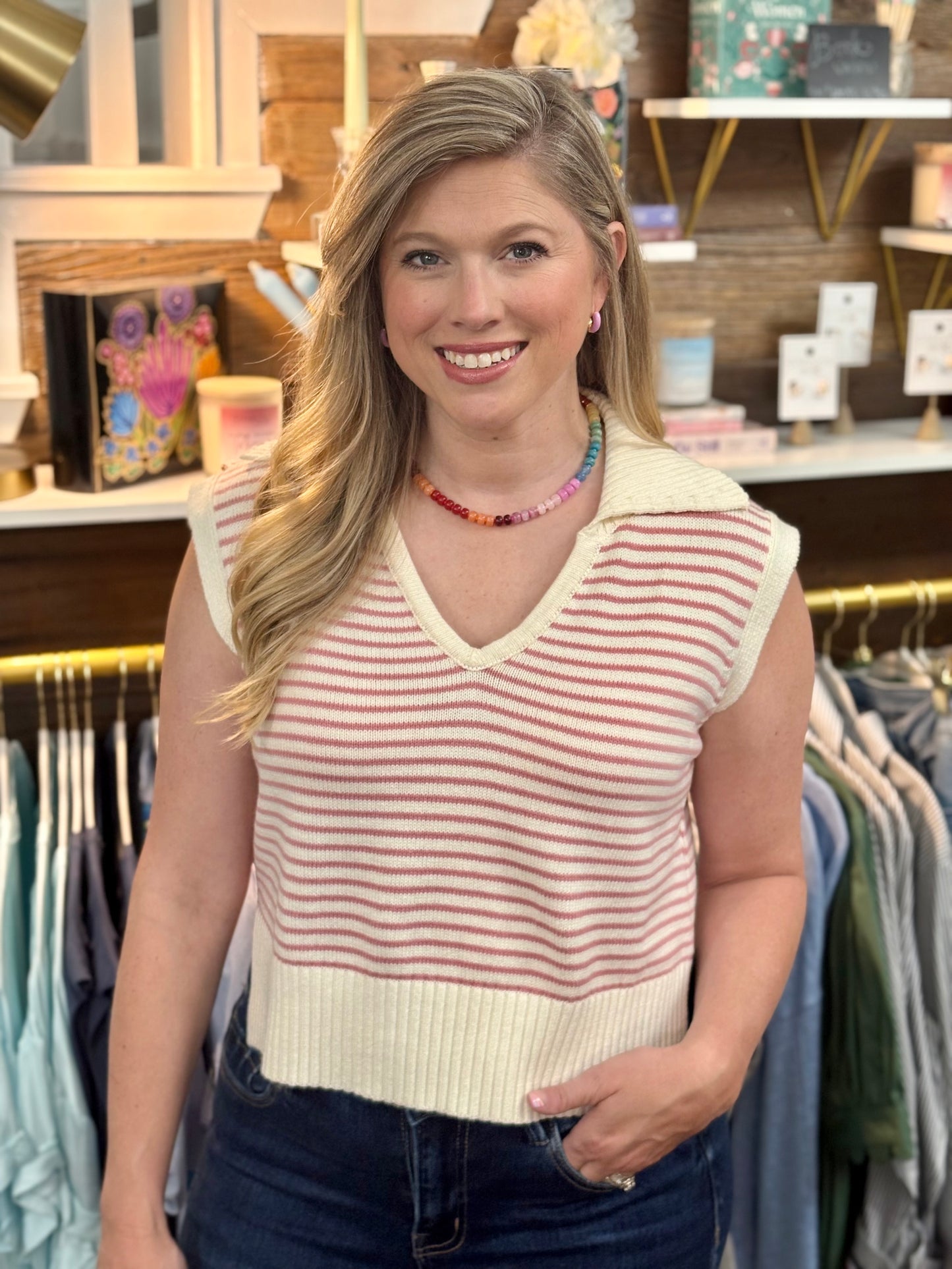 Pink & White Stipe Sleeveless Sweater