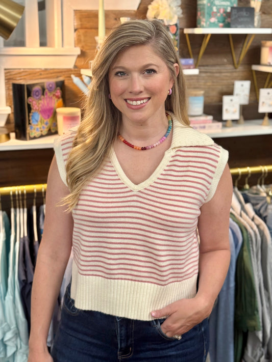 Pink & White Stipe Sleeveless Sweater
