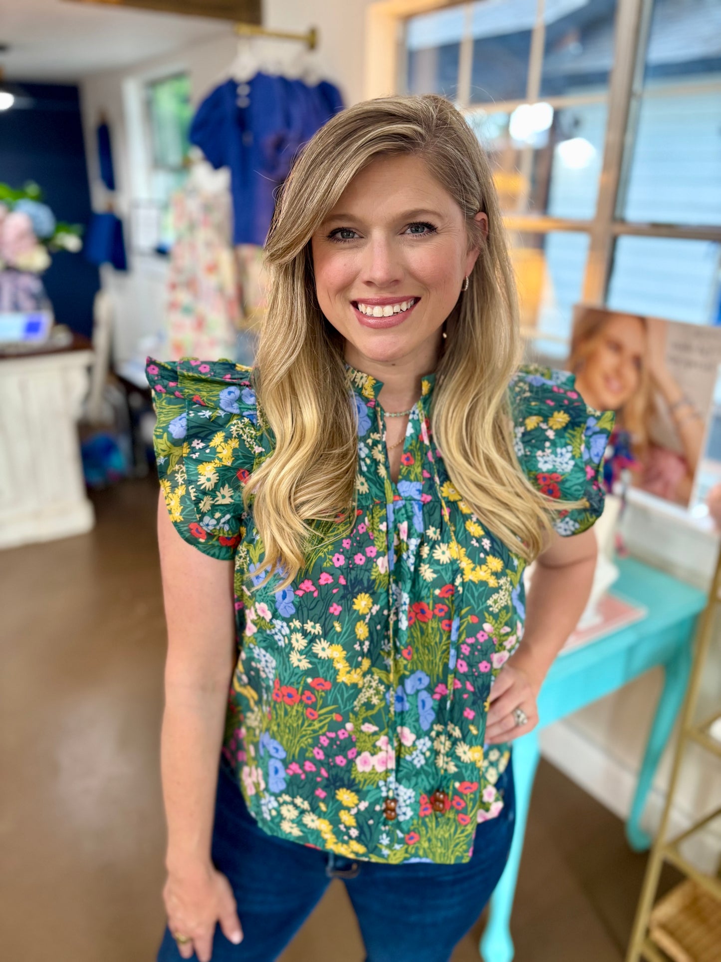PINCH Field of Blooms Ruffled Sleeve Top