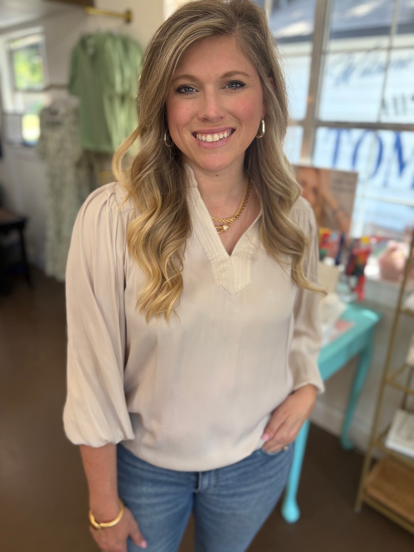 Tracy Ecru Split Neck Blouse