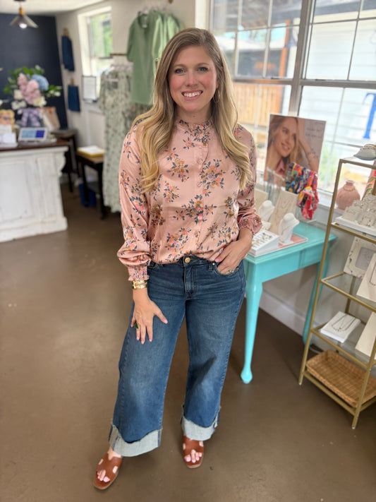 Bethany Powder Pink Button Down Floral Blouse