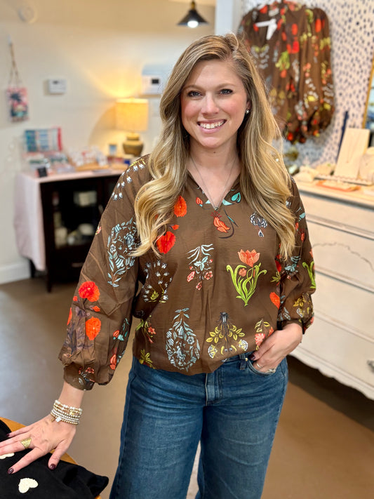 Brown Floral Print Blouse