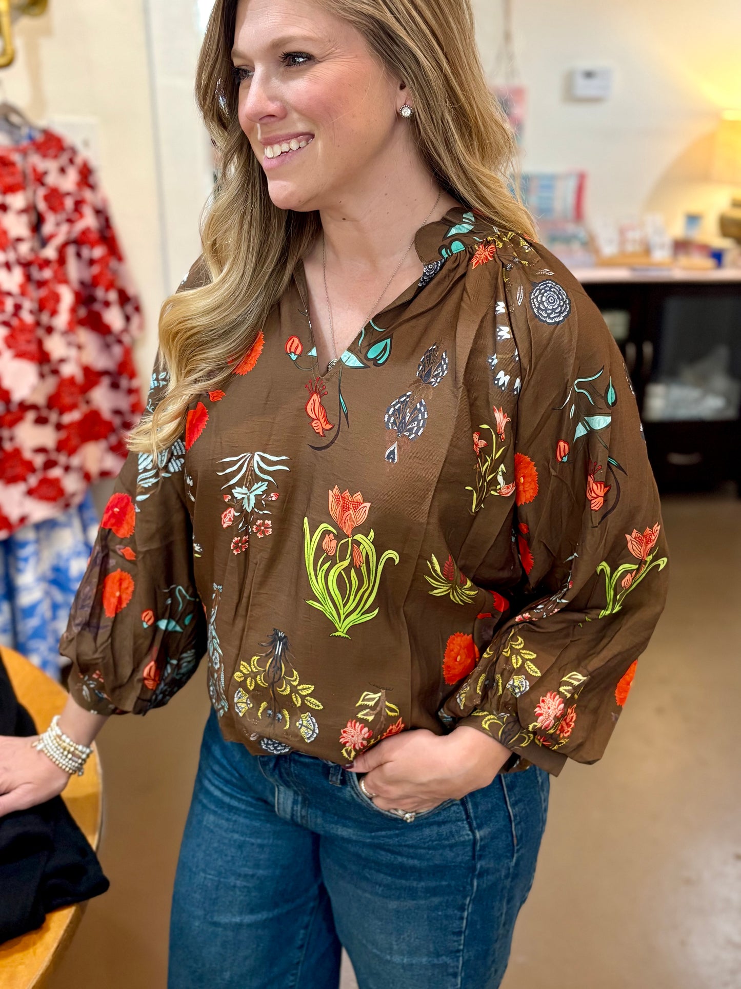 Brown Floral Print Blouse