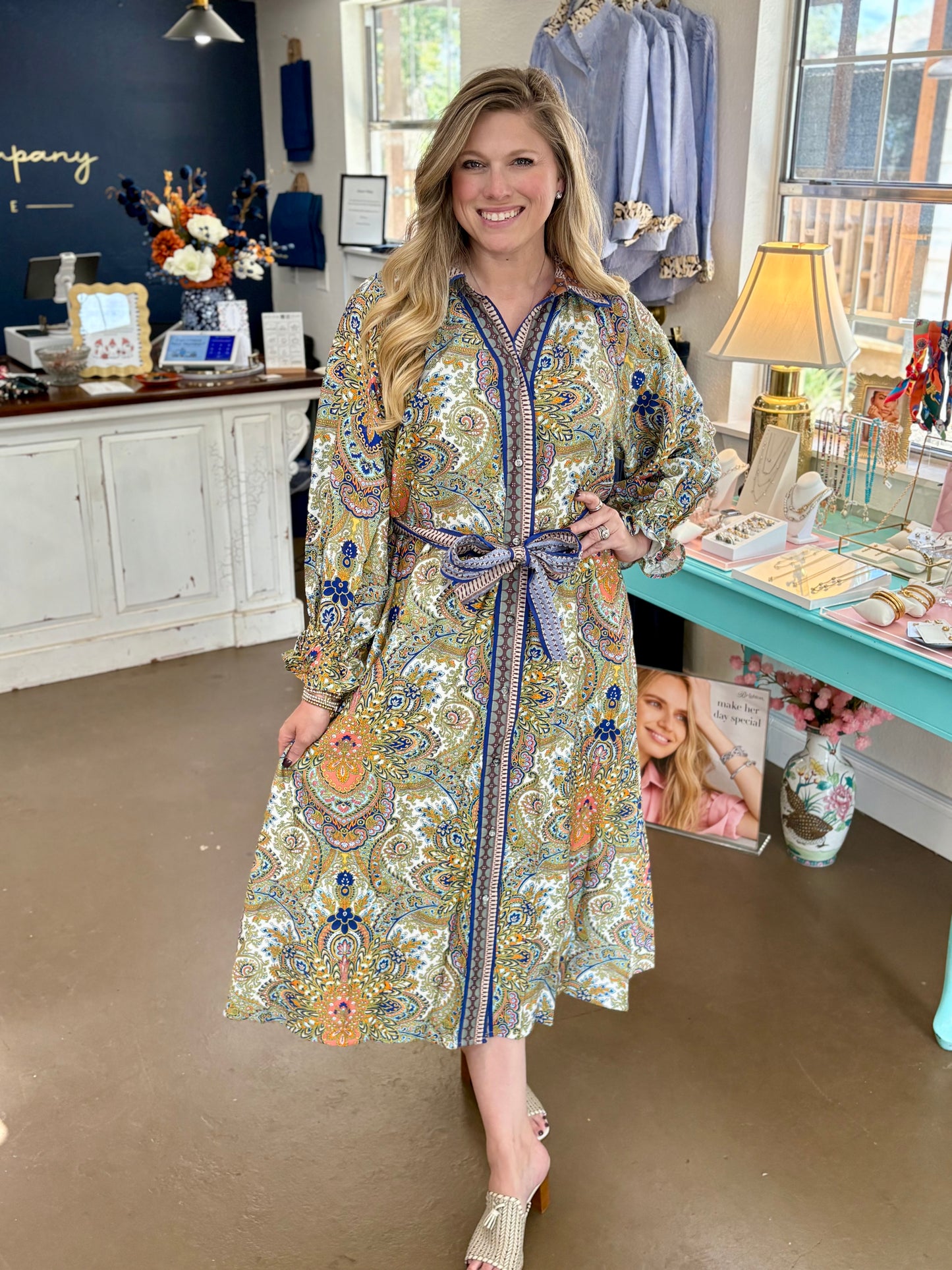 Print Belted Midi Shirt Dress