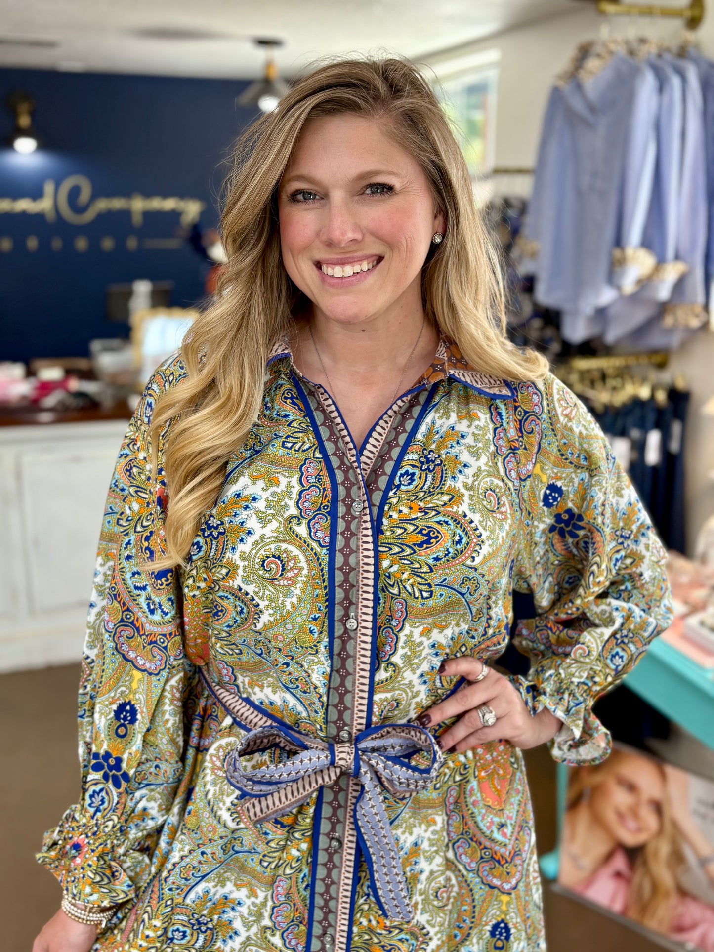 Print Belted Midi Shirt Dress