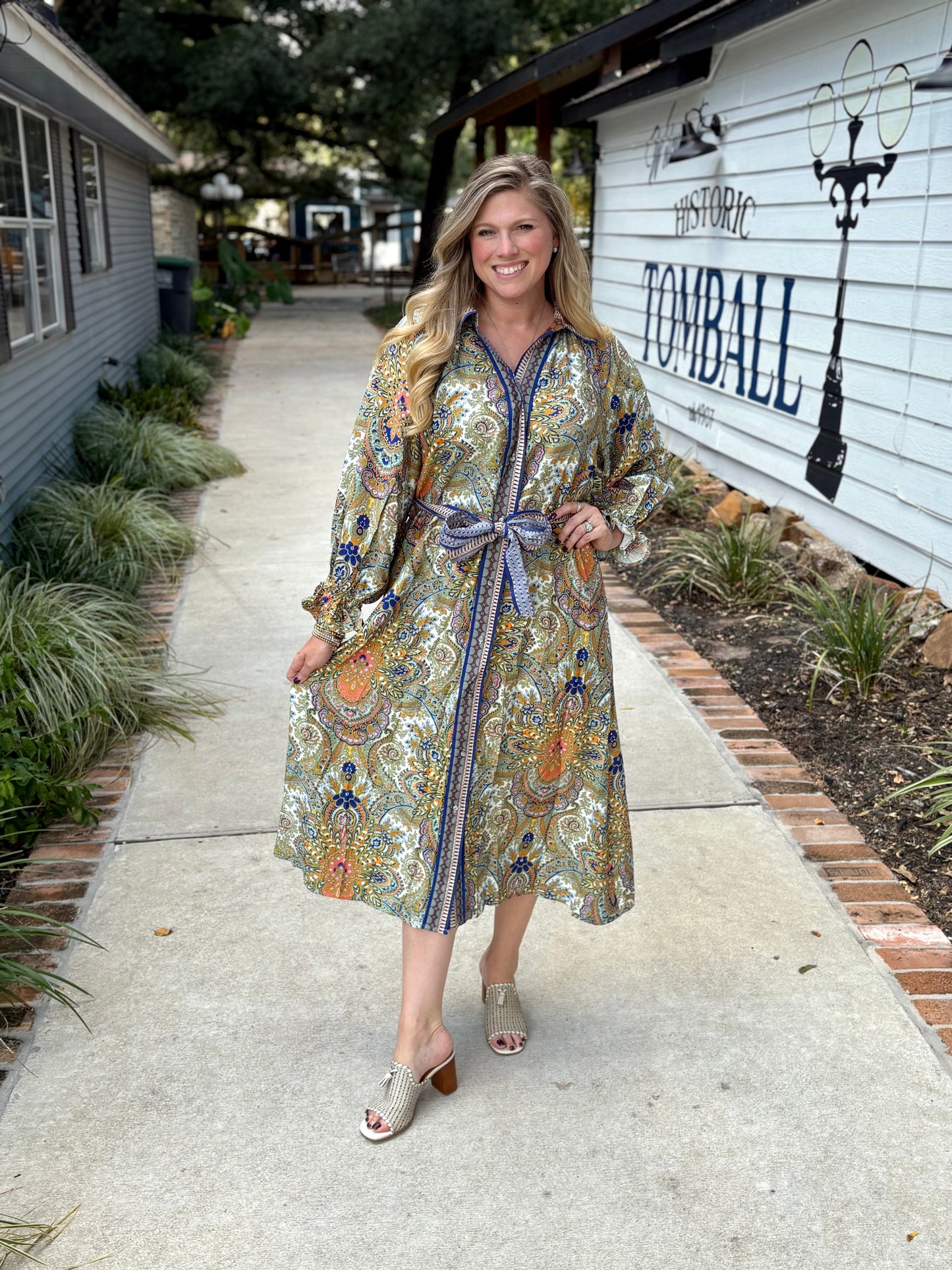 Print Belted Midi Shirt Dress