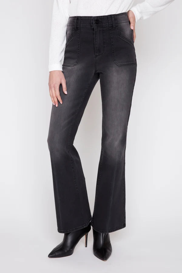 Black Flare Leg Denim With Pork Chop Pockets