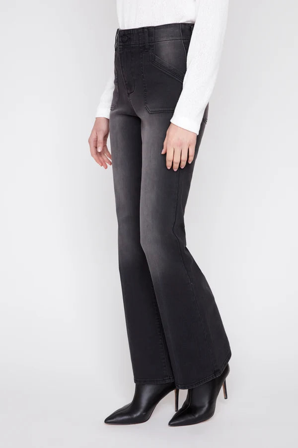 Black Flare Leg Denim With Pork Chop Pockets