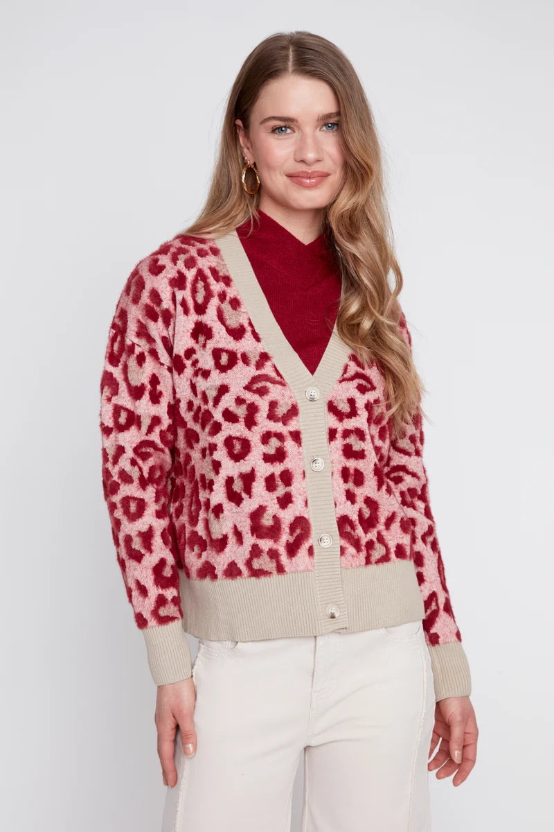 Animal Print Jacquard Knit Cardigan - Claret Combo