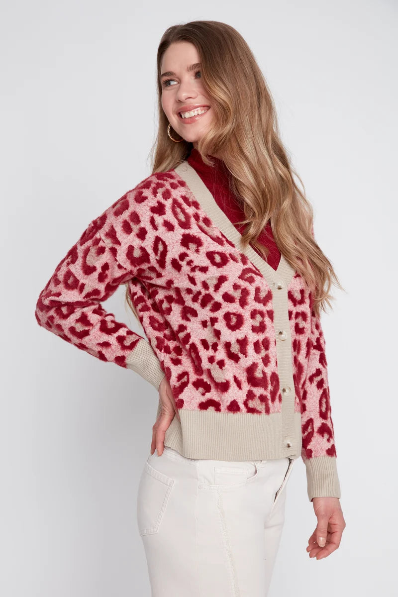 Animal Print Jacquard Knit Cardigan - Claret Combo