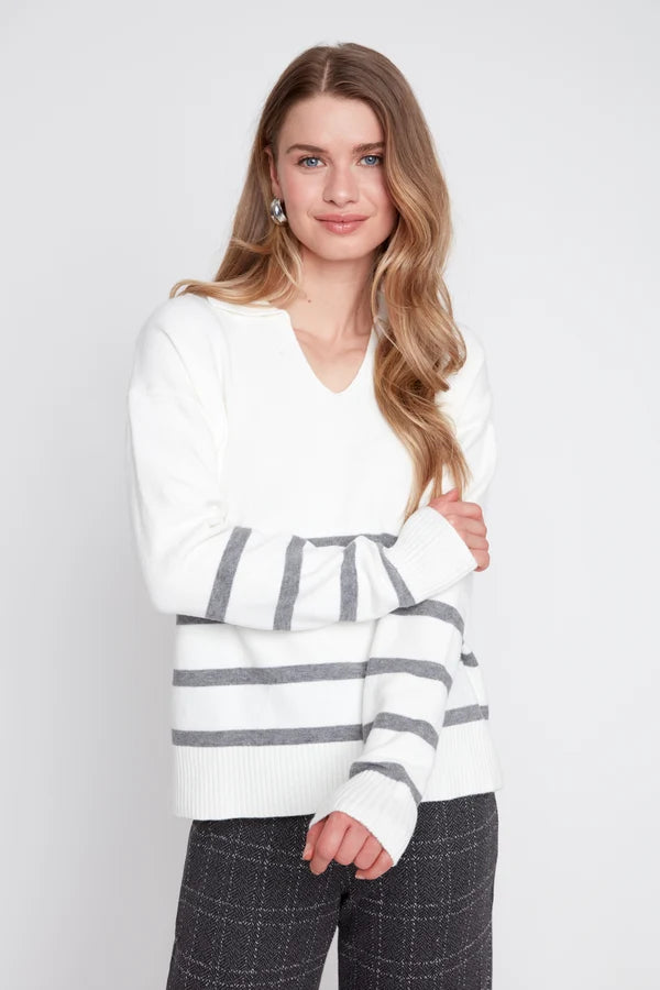 Johnny Collar Striped Knit Sweater