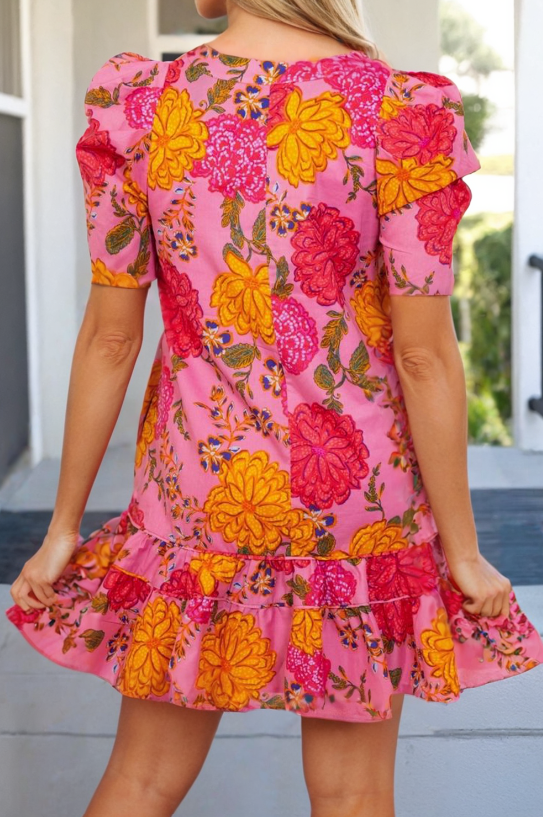 Floral Bubble Sleeve Mini Dress