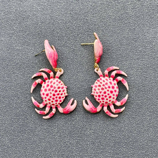 Mio Queena - Pink Enamel Crab Charm Post Earrings