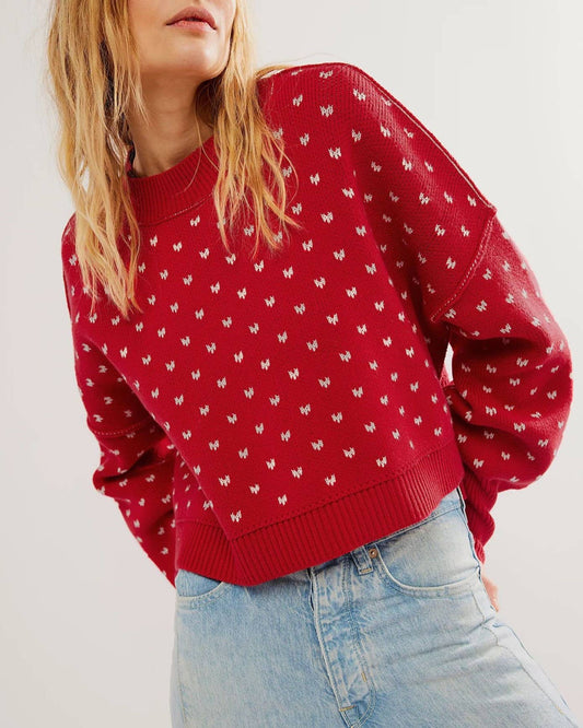 Hearts Pattern Cropped Pullover Sweater