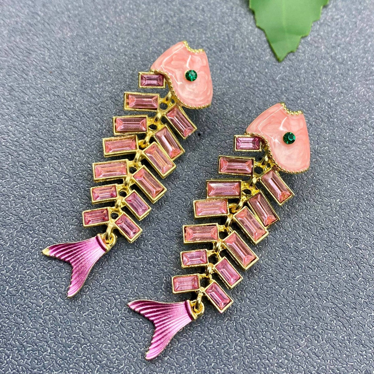 Mio Queena - Pink Rhinestone Enamel Fishbone Post Earrings