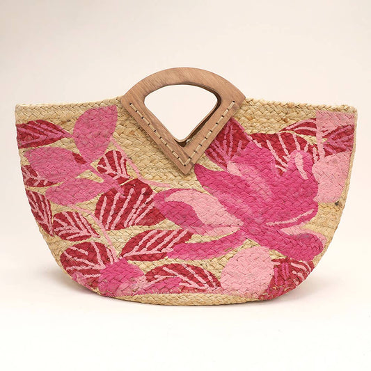 Sensibling Corp. - Flower Leaves Pattern Printed Wooden Handle Jute Tote Bag