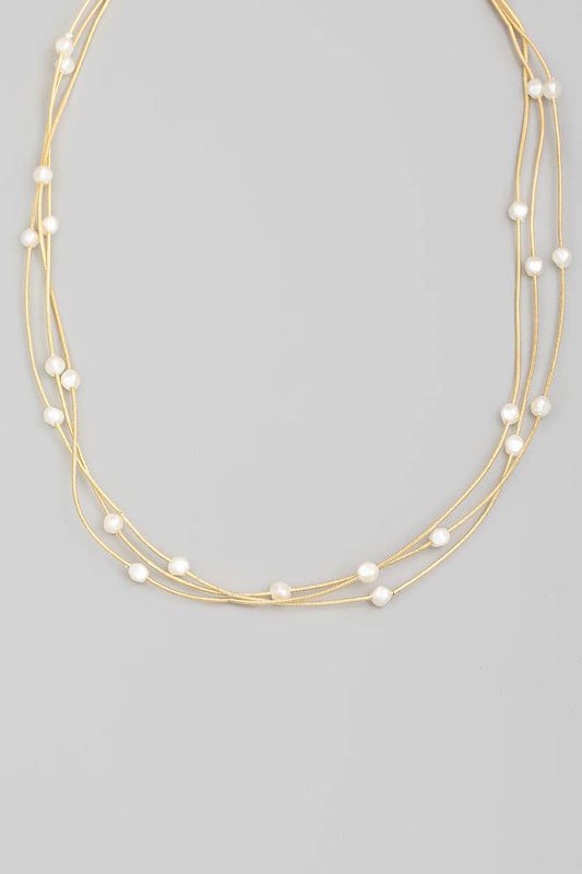 The Looks by Fame Accessories - Layered Pearly Beaded Metallic Rope Chain Necklace
