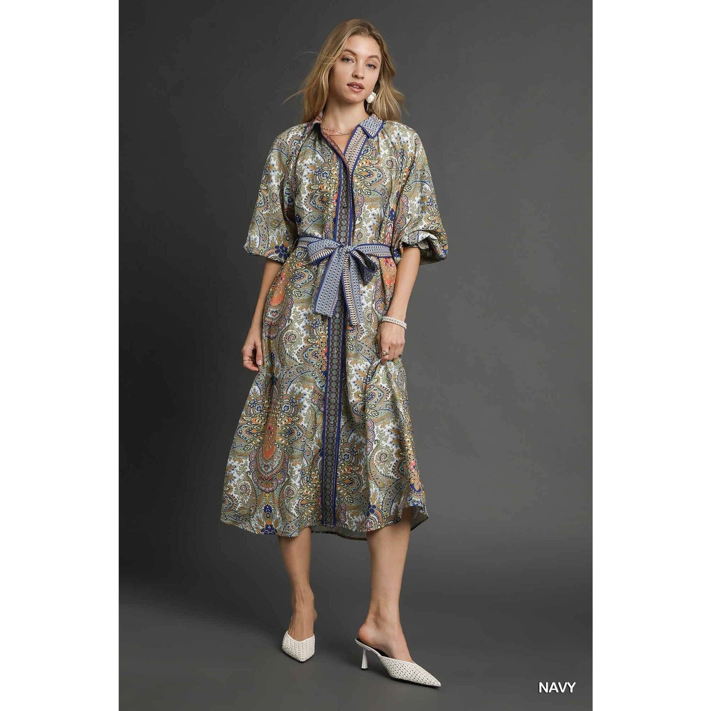 Print Belted Midi Shirt Dress