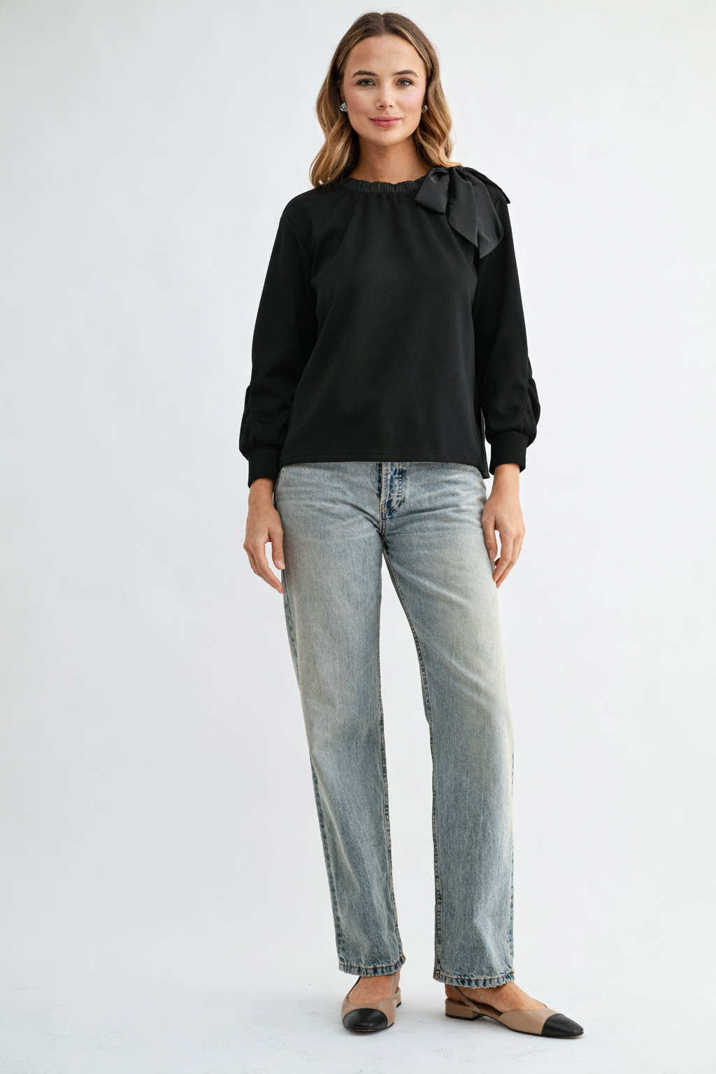 Karl Knit Bow-Tie Shoulder Top - Black