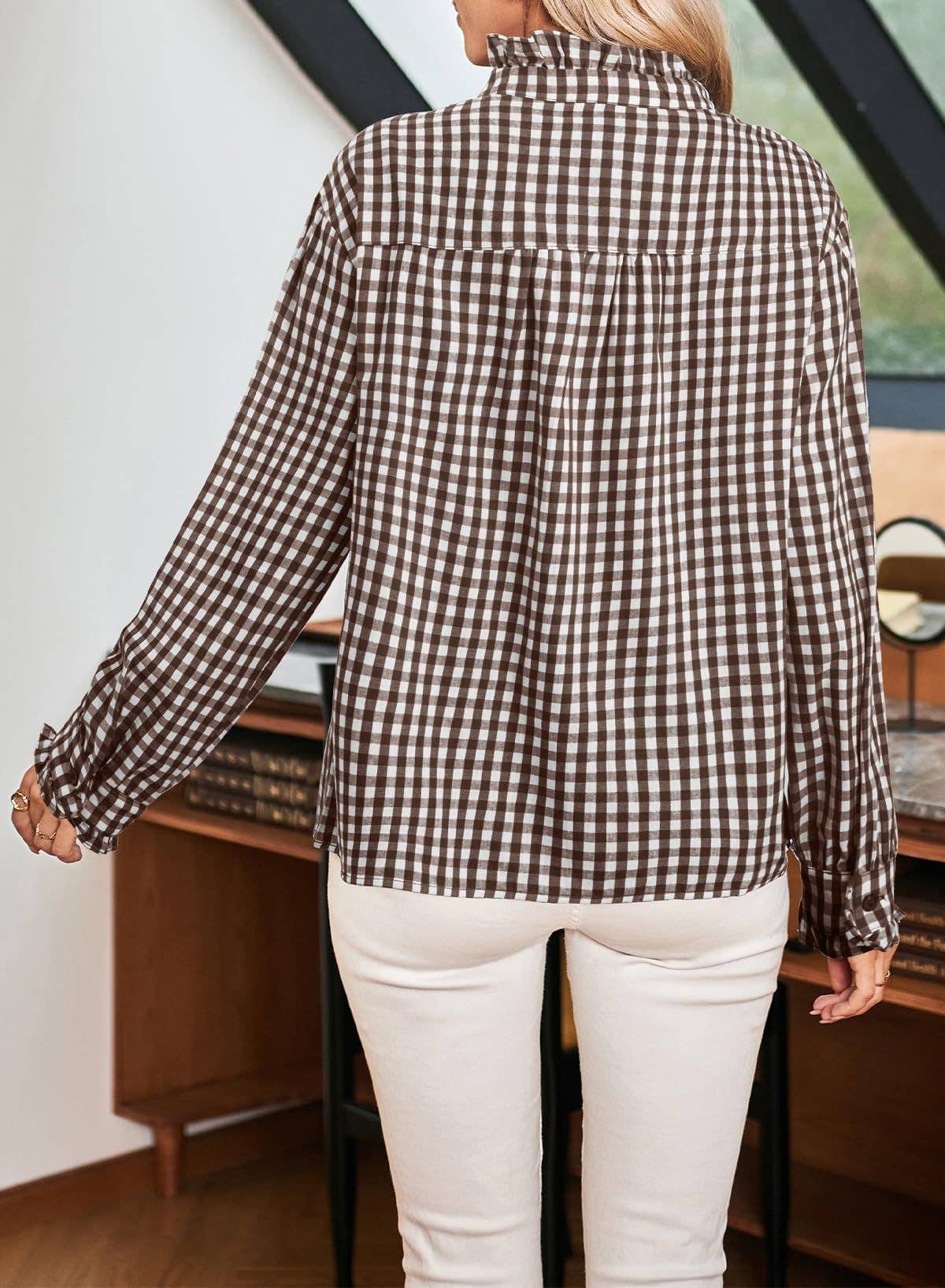 GinghamPlaid Ruffled Detail Shirt Blouse
