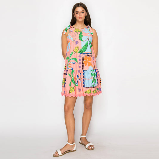 Coral Retro Tropical Print Cotton Mini Dress
