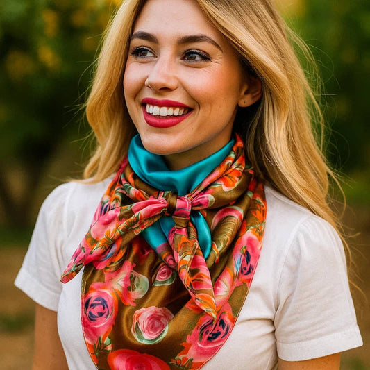 Rodeo Drive - 35X35"  Blue and Pink Roses Wild Rag / Scarf WR1005