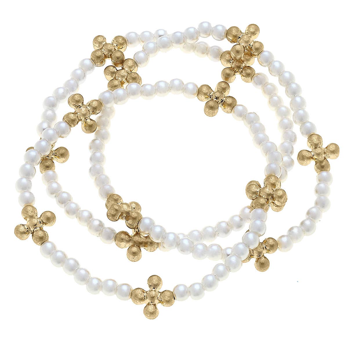 Canvas Style - Wren Delicate Cross Beaded Pearl Stretch Bracelets in Ivory