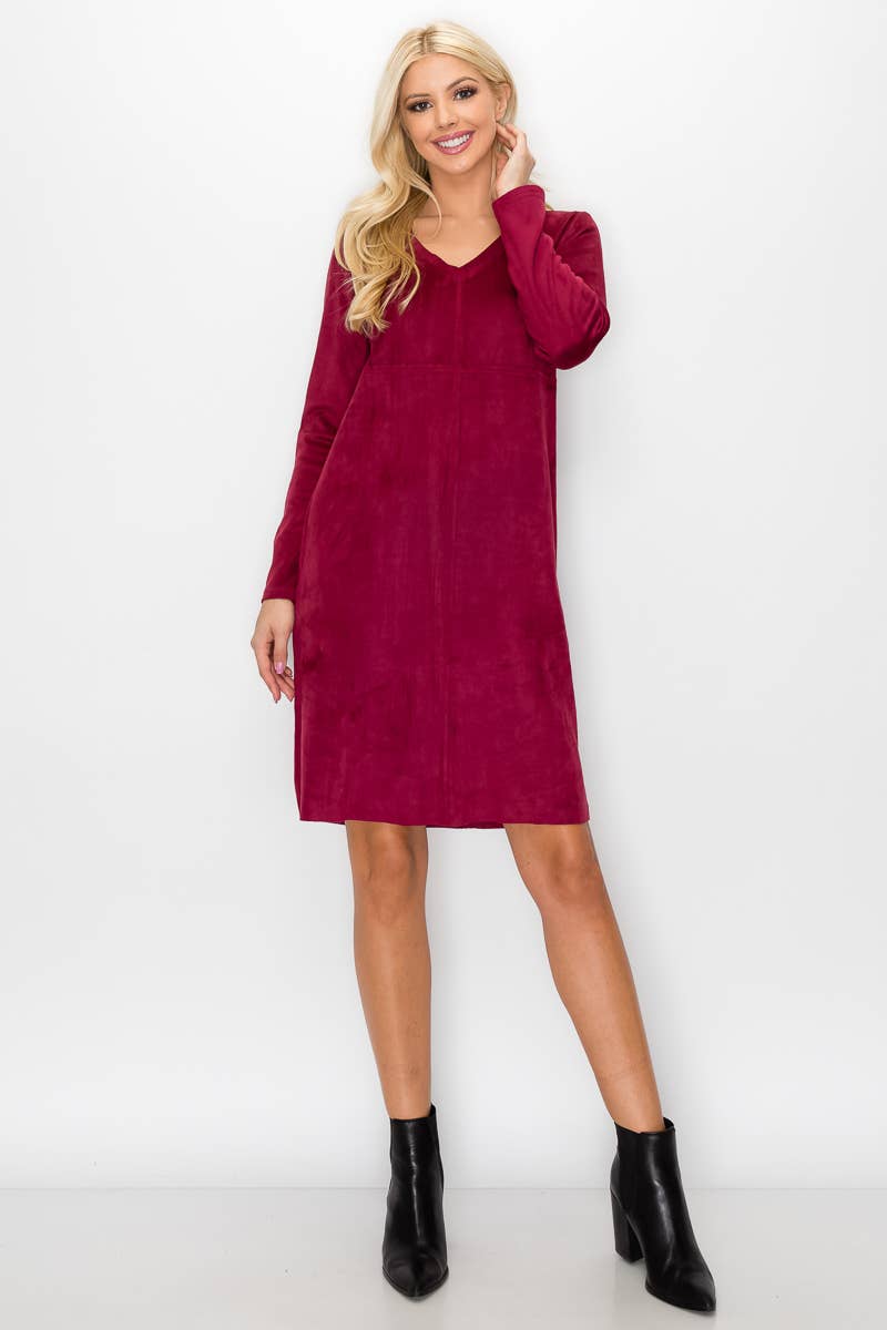 Aurora Stretch V-Neck Suede Dress with Pockets