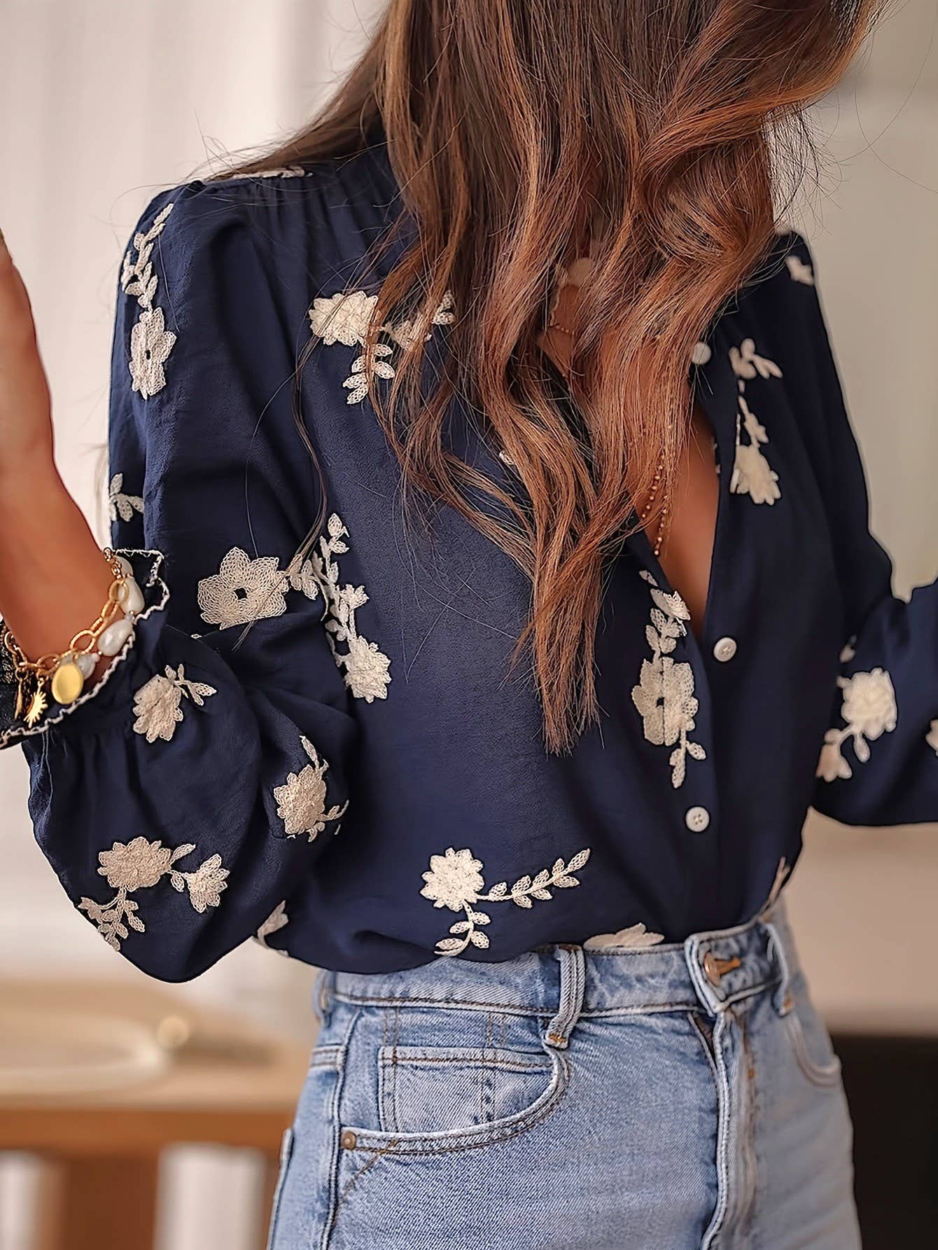 Boho Midnight Ecru Floral Ruffled Blouse