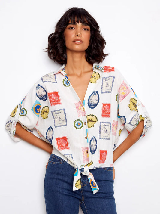 Postcard Printed Front Tie Blouse