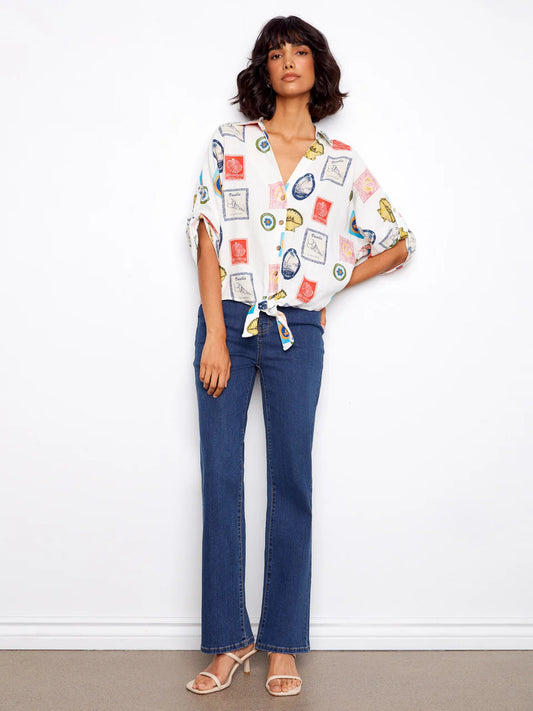 Postcard Printed Front Tie Blouse