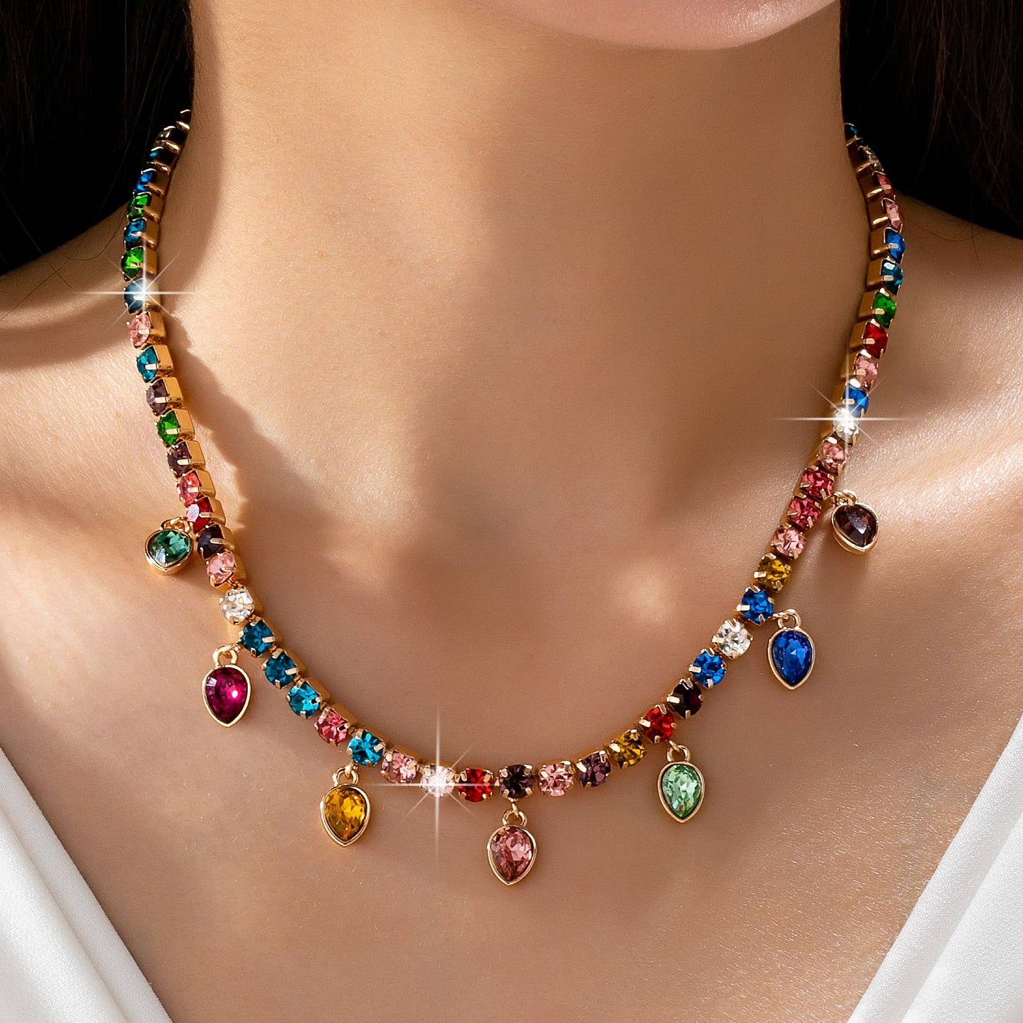 Glass Crystal Drop Tennis Necklace