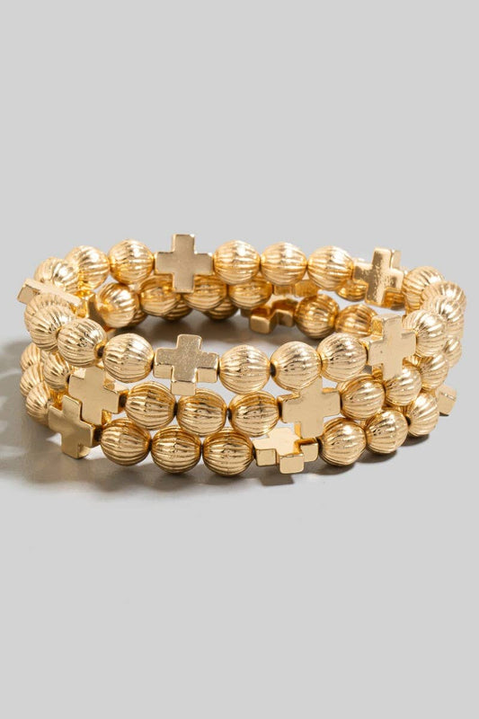 The Looks by Fame Accessories - Textured Beads And Cross Charms Bracelet Set