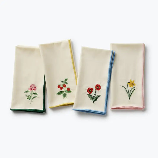 Garden Study Embroidered Cotton Napkins, Assorted Set of 4