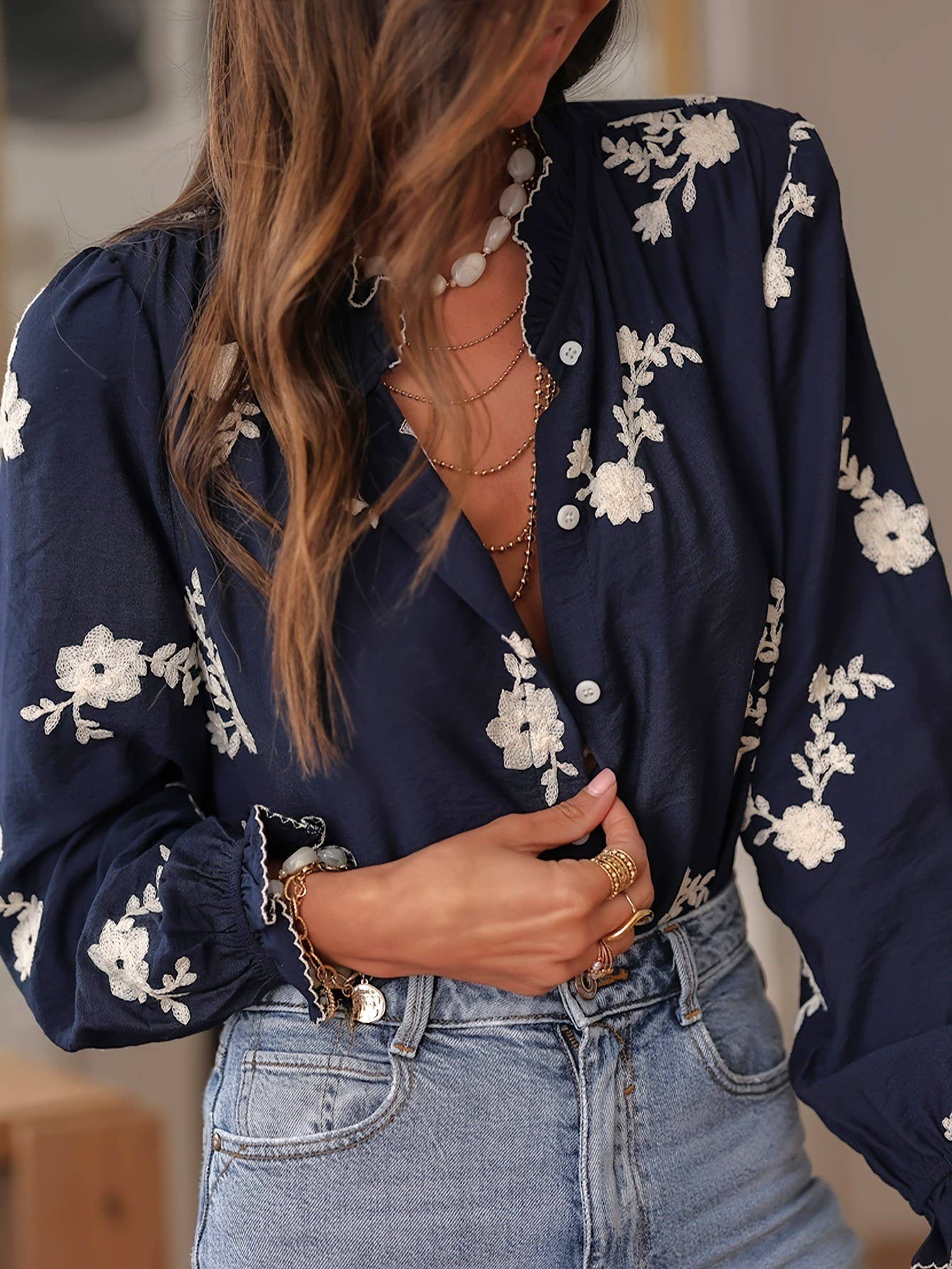 Boho Midnight Ecru Floral Ruffled Blouse