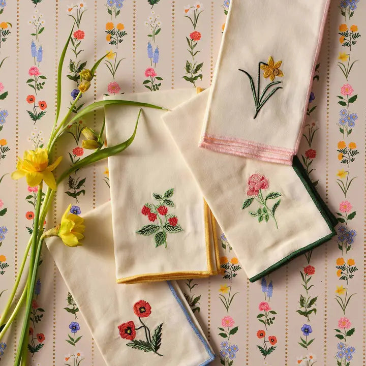 Garden Study Embroidered Cotton Napkins, Assorted Set of 4